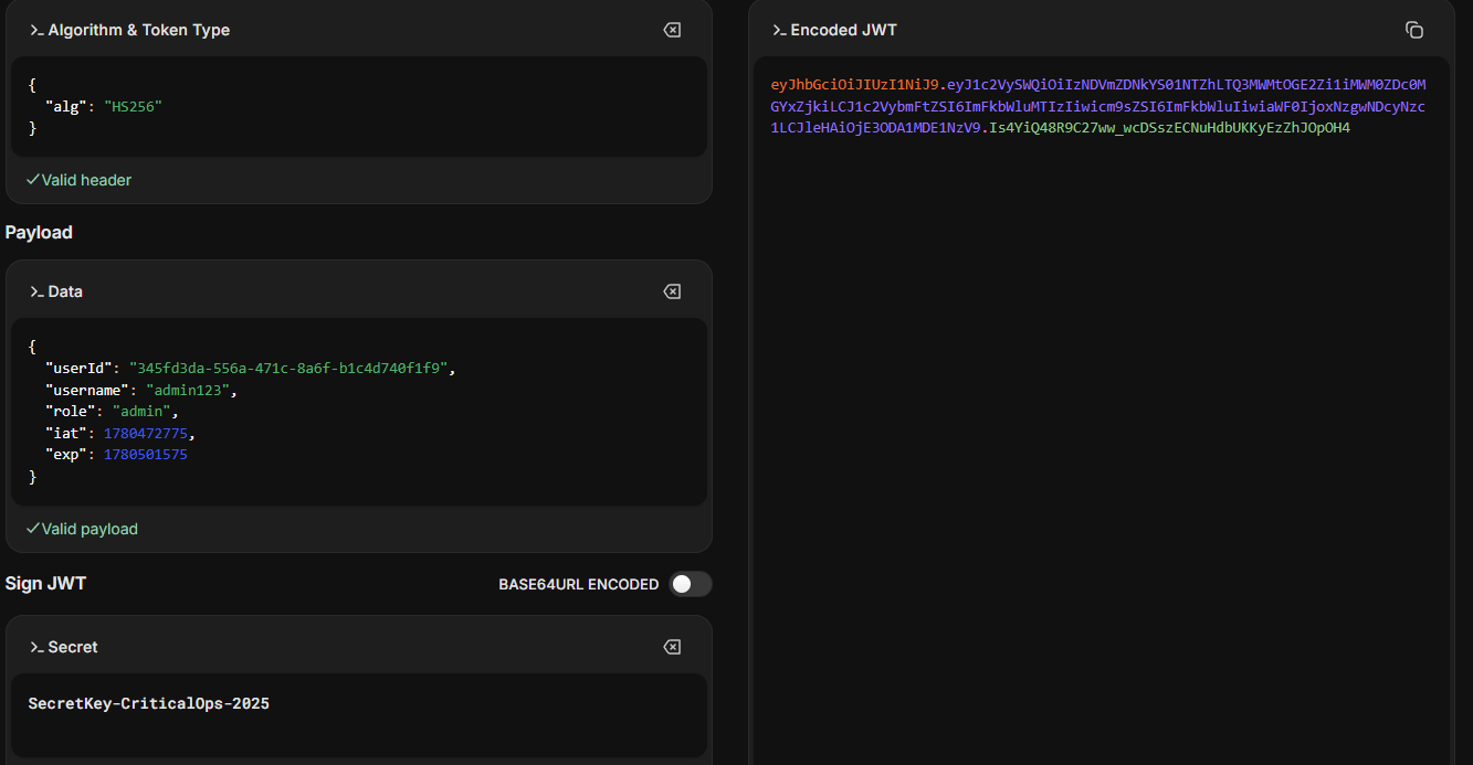 Forging an admin JWT with the leaked secret