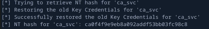 Certipy shadow auto recovering the ca_svc NT hash