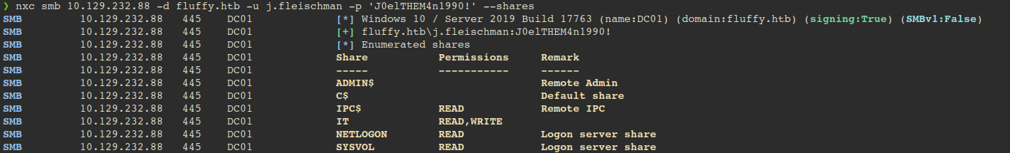 SMB shares listed with the domain specified